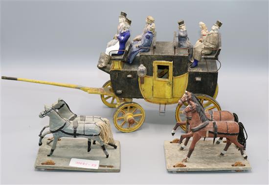 A 19th century wood and composition model carriage and horses